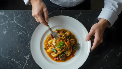 Eating Pasta Dish with Fork on Marble Table Top View