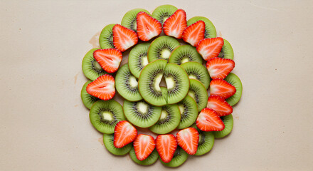 Creative Fruit Composition Featuring Sliced Kiwis And Strawberries Arrangement From Above