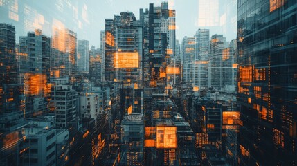 Fototapeta premium A futuristic cityscape glows with embedded digital displays at night