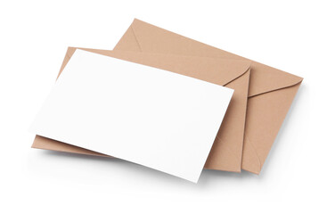 Blank greeting card and paper envelopes on white background, above view