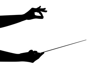 Silhouette of conductor with baton on white background, closeup