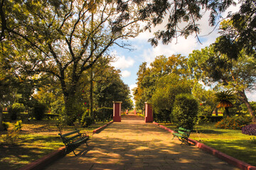 Obraz premium vista de jardín con senda de ladrillos entre arboleda en un día hermoso
