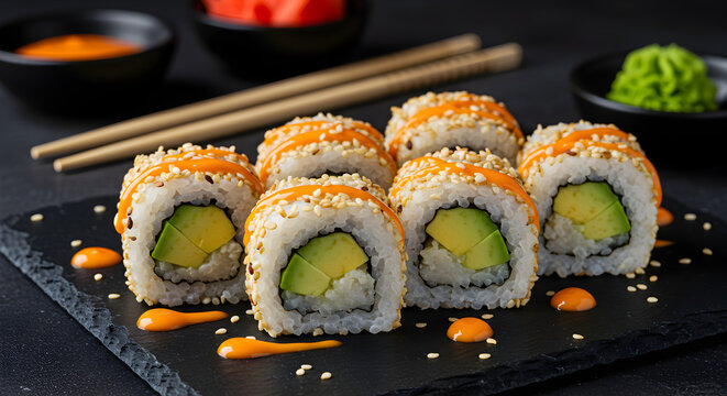 Delicious California Sushi Rolls Topped With Sesame Seeds On A Black Plate