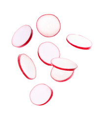 Fresh ripe radish pieces falling on white background