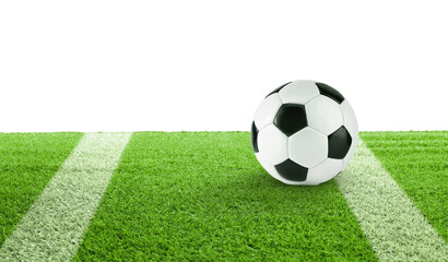 Obraz premium Soccer ball on football field against white background, space for text