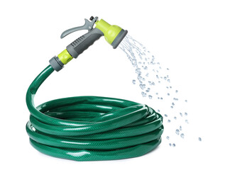 Rubber watering hose spraying water on white background. Gardening