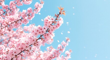 Blooming cherry blossom tree against a clear blue sky, with scattered petals falling gently