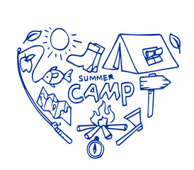 Camping outdoor doodle set. Hand drawn hiking illustration. Wild adventure equipment. Navigation and camp cartoon simple vector collection