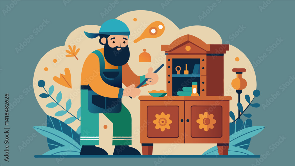 Poster a carpenter using hand tools to carve intricate designs on a wooden cabinet creating a oneofakind pi