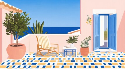 Fototapeta premium Mediterranean Terrace A sundrenched scene with potted plants blue shutters and ocean views