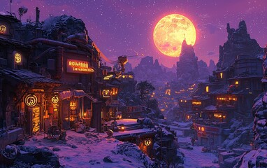 Snowy, Steampunk Village at Night