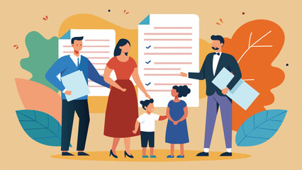 A stack of handwritten marriage certificates passed from person to person as each family member adds their own notes and insights.. Vector illustration