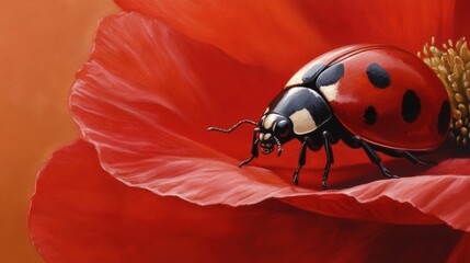 Fototapeta premium A red ladybug sits on a vibrant red flower petal