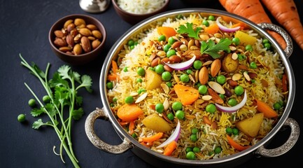 A vibrant vegetarian biryani garnished with fresh cilantro, potatoes, carrots, almonds, and peas, served over a bed of fluffy rice in an elegant dish