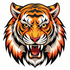 A majestic tiger with vibrant orange and black stripes roars fiercely, displaying its sharp teeth against a bright white background.