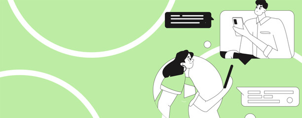 Virtual characters social communication concept business flat vector hand drawn illustration
