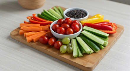 Healthy Vegetable Platter With Dip Served On A Wooden Cutting Board