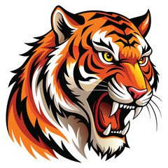 A majestic tiger with vibrant orange and black stripes roars fiercely, displaying its sharp teeth against a bright white background.