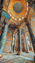 Obraz premium A stunning interior view of a historical mosque featuring intricate mosaics and ornate architecture. The ceiling is adorned with a mesmerizing circular design, showcasing gold and deep blue elements. 