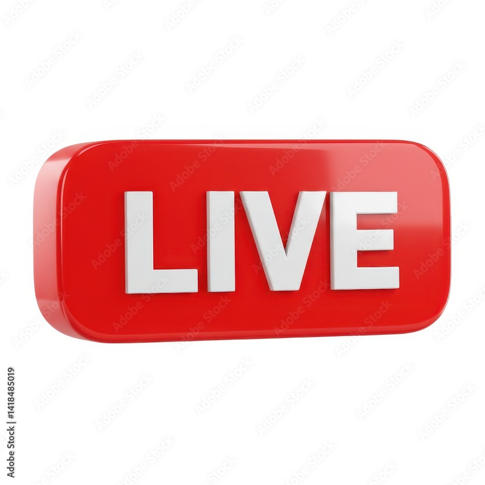 Poster 3d red live stream button background isolated on white background
