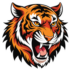 A majestic tiger with vibrant orange and black stripes roars fiercely, displaying its sharp teeth against a bright white background.
