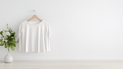 Simple white tee on wooden hanger, minimalist style.  Small vase with flowers beside