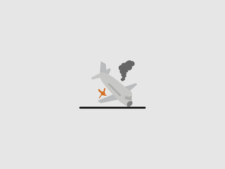 a light gray cartoon airplane that has crashed and is tilted downwards on a black ground line