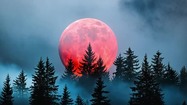 Mystical moon: A breathtaking sight of a bright, red full moon rising above a forest of evergreen trees enveloped in a layer of mysterious mist. A scene of calm, peace and nature beauty.