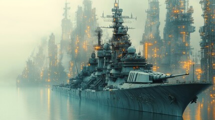 Battleship in futuristic city shrouded in mist and fog