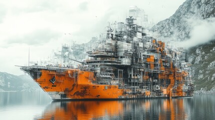 Complex futuristic ship floats near mountains in calm water
