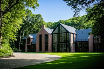 Obraz premium Modern architectural design of a spacious brick house surrounded by lush greenery in a serene forest location on a clear day