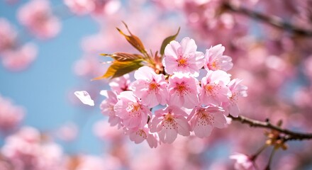 Close-up of soft pink cherry blossom flowers with delicate petals drifting in the wind