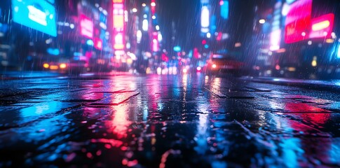 Rainy City Street at Night with Colorful Reflections