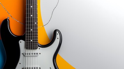 Close-up of an electric guitar against a vibrant, abstract background with colorful curves