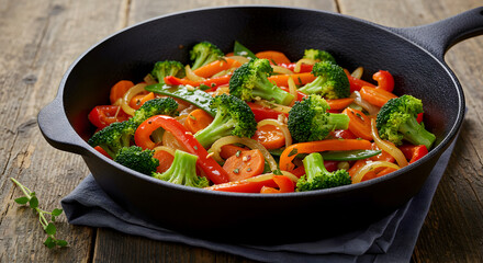 Colorful Vegetable Stir Fry In A Cast Iron Skillet On Rustic Wood