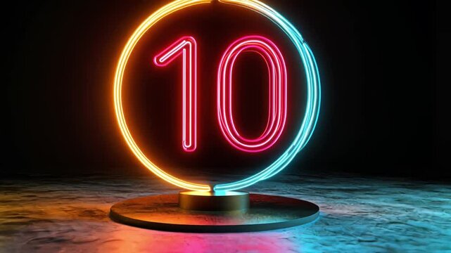 Neon Number 10: A luminous neon number 10, with orange, red and blue lights, against a dark backdrop, representing milestones and achievements