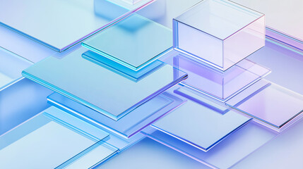 Transparent, overlapping rectangular and cubic structures in shades of blue and purple. A sleek, modern, abstract composition with geometric symmetry and layered reflections.