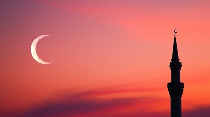 Crescent Moon and Minaret Silhouette: Serene Sunset Scene
