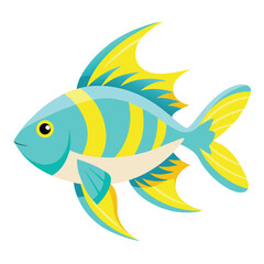 A solitary, pale blue fish with vibrant yellow accents along its dorsal fin and tail fin is captured against a stark white background.
