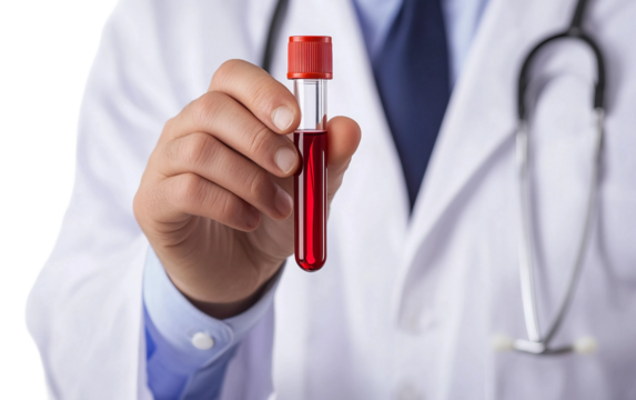 Physician analyzing a blood sample in a test tube to assess patient health isolated on white background PNG