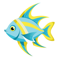 A solitary, pale blue fish with vibrant yellow accents along its dorsal fin and tail fin is captured against a stark white background.