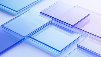 Overlapping transparent glass squares with soft blue and purple tones, create a layered geometric composition. 