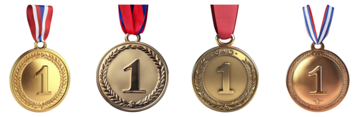 Collection of Gold Winner Medals with Red and Blue Ribbons, Isolated on Transparent Background