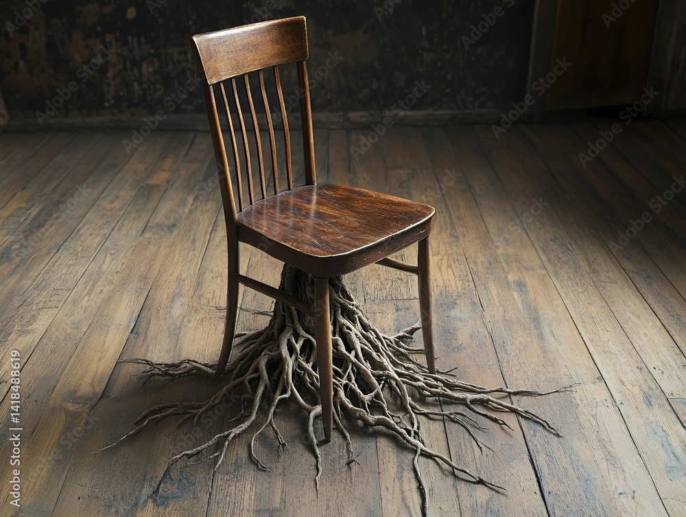 Poster rustic wooden chair showcasing intricate details and unique shadow patterns on a textured floor in a