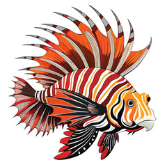 Fototapeta premium A striking lionfish with zebra-like stripes and elaborate spiky fins floats gracefully on white backdrop.