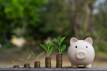 A piggy bank stands beside growing plants on stacks of coins, symbolizing financial growth and sustainability.