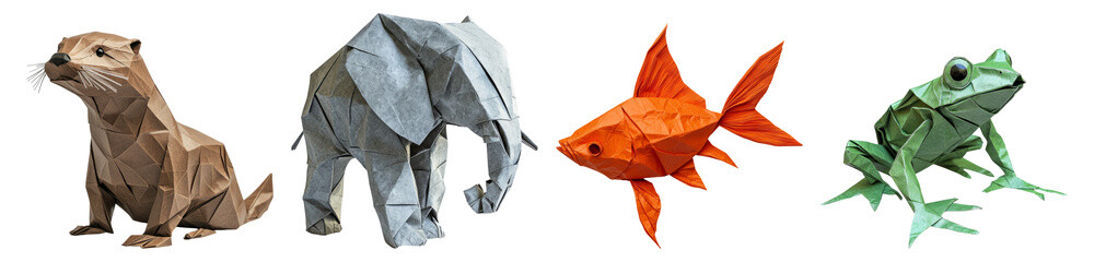 Colorful Origami Animals in Various Designs and Positions, Isolated on Transparent Background