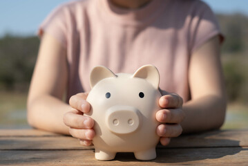 A person holds a piggy bank outdoors, symbolizing savings and financial planning in a serene, natural setting.