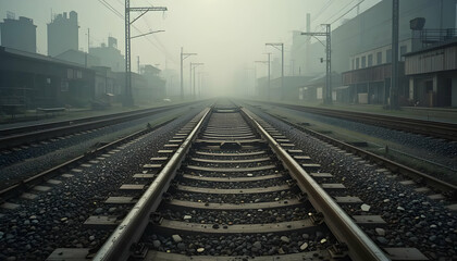 Fototapeta premium Railway Tracks Disappearing into Foggy Industrial Landscape