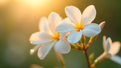 Naklejka premium Elegant plumeria blooms in golden sunlight with soft petals and dew drops.